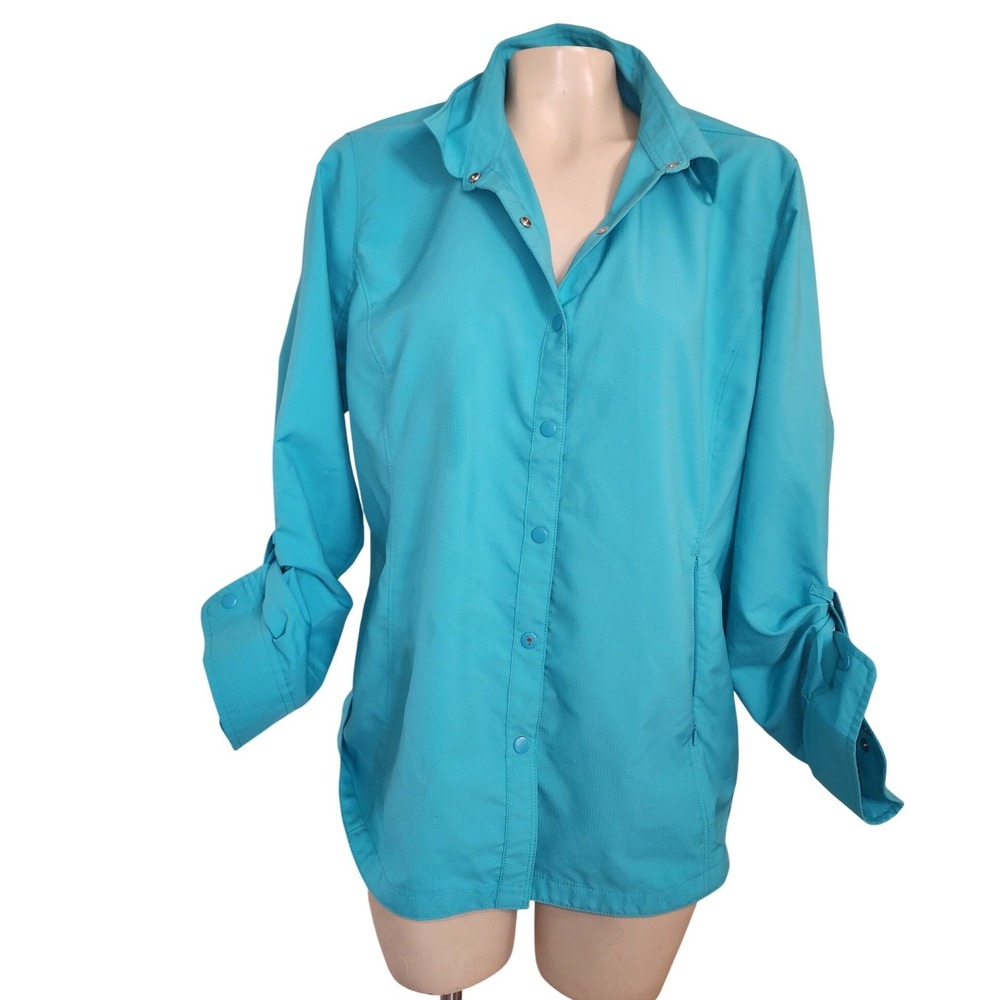 Duluth Trading Co Womens XL Turquoise Coolplus Roll Tab Sleeve Hiking Shirt Blue